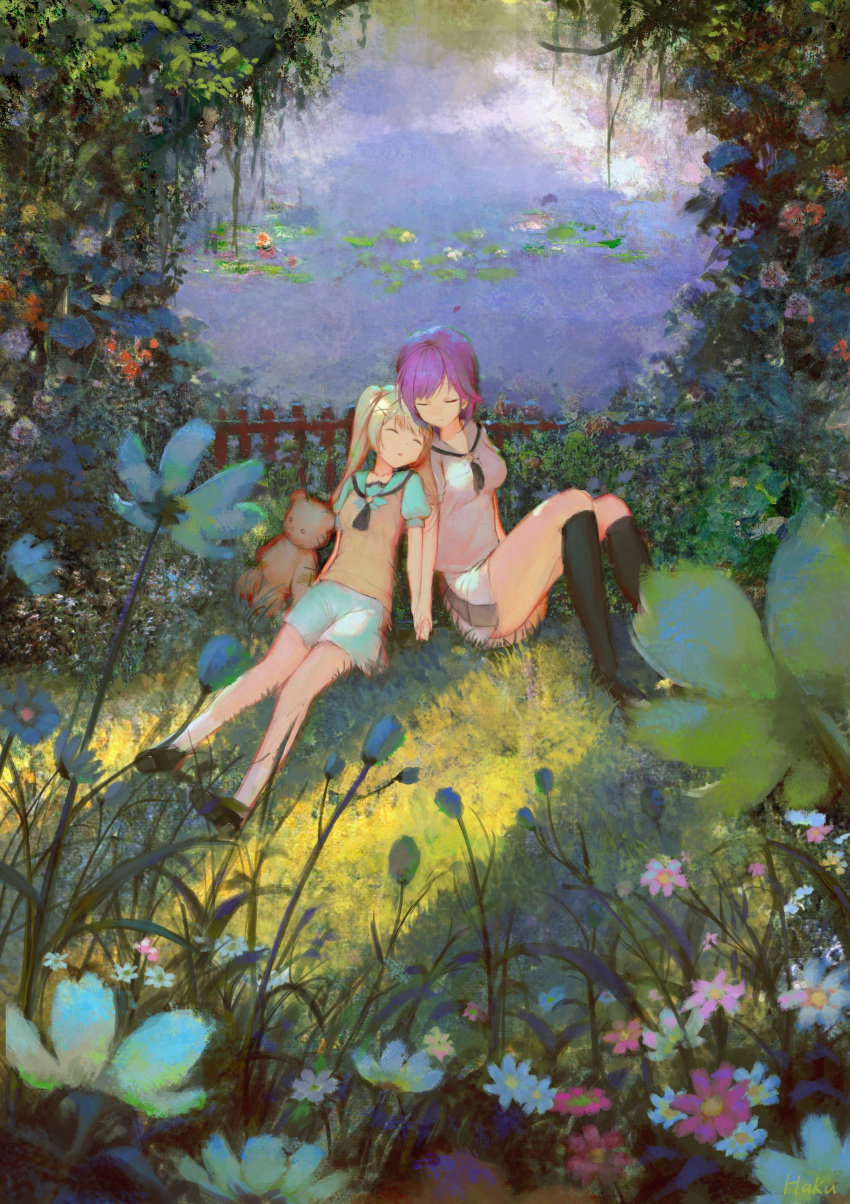 2girls absurdres black_socks blonde_hair blue_flower closed_eyes closed_mouth commentary_request fence flower grass hair_ornament haku89 head_on_another's_shoulder highres holding_hands hug kneehighs knees_up long_hair lying miniskirt mizuori_shizuku multiple_girls nature on_back on_grass open_mouth pink_flower pond puffy_short_sleeves puffy_sleeves scenery school_uniform shirt short_sleeves sitting skirt sleeping smile socks stuffed_animal stuffed_toy summer_pockets sweater_vest teddy_bear tsumugi_wenders twintails violet_eyes white_flower white_shirt white_skirt wide_shot x_hair_ornament yellow_sweater_vest