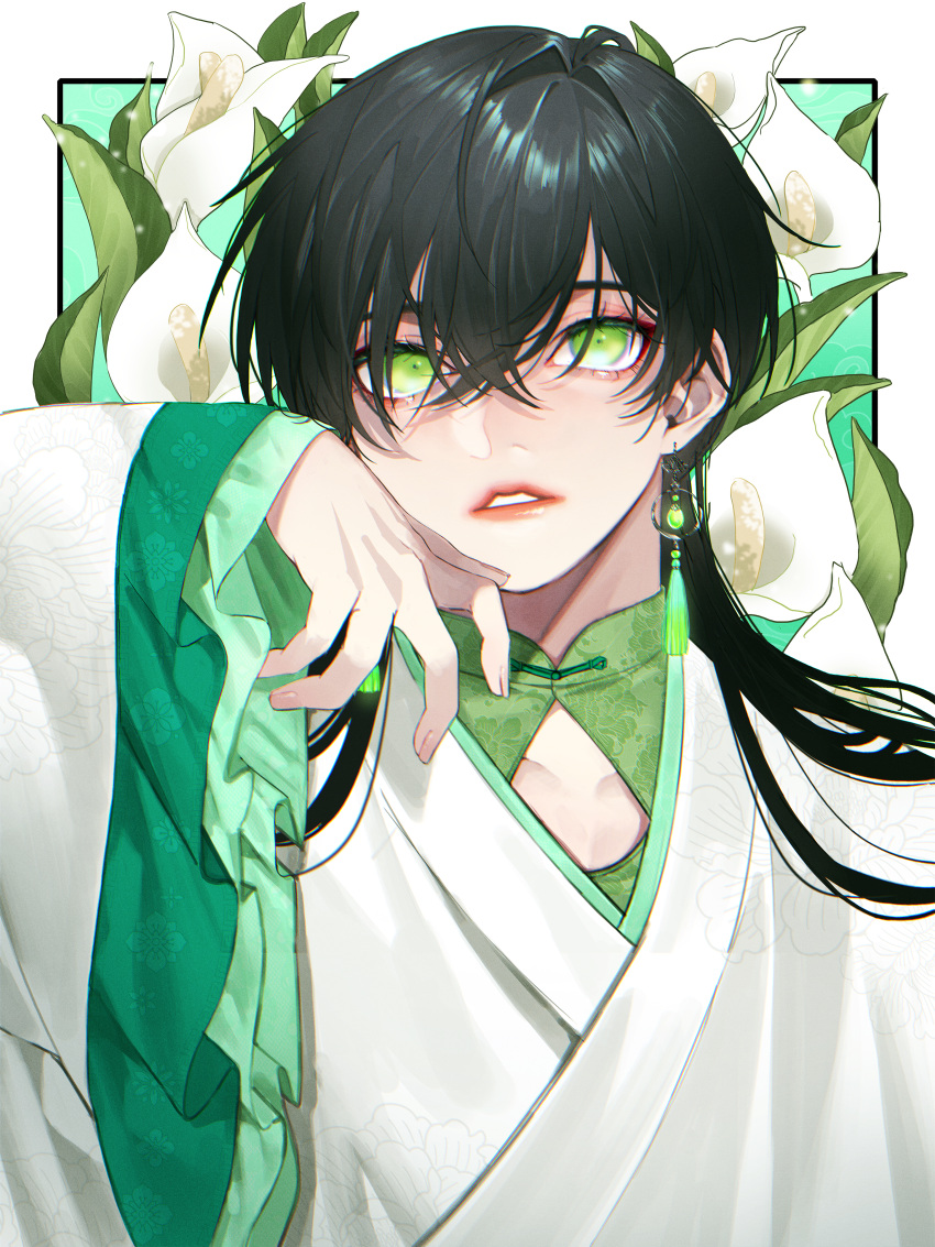 1boy absurdres black_hair chinese_clothes collarbone crossed_bangs dress earrings eyelashes eyeliner fingernails floral_background flower frilled_sleeves frills green_background green_eyes green_shirt green_theme hair_between_eyes hair_over_shoulder hand_up highres jewelry layered_clothes layered_dress lipstick long_hair long_sleeves looking_at_viewer makeup male_focus original otochi_(otc_so) parted_lips red_lips robe shirt solo sparkle tassel tassel_earrings upper_body white_flower white_robe wide_sleeves