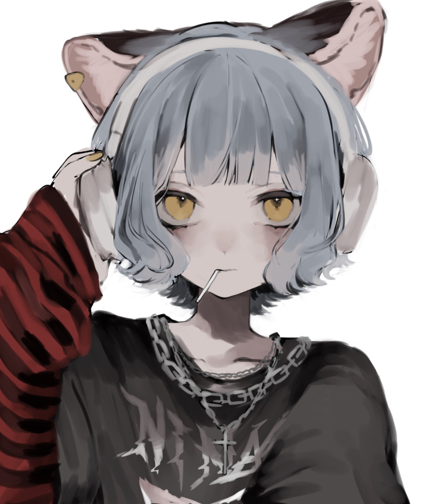 1girl alternate_costume animal_ears black_shirt candy cat_ears chain_necklace character_name commentary cross cross_necklace earclip expressionless food food_in_mouth grey_hair hand_on_headphones hand_up headphones highres jewelry layered_sleeves lollipop long_sleeves looking_at_viewer manuka_x_x necklace nina_(valis) one-hour_drawing_challenge print_shirt red_sleeves shirt short_hair short_over_long_sleeves short_sleeves sinsekai_studio solo striped_sleeves text_print upper_body valis_(sinsekai) white_background yellow_eyes