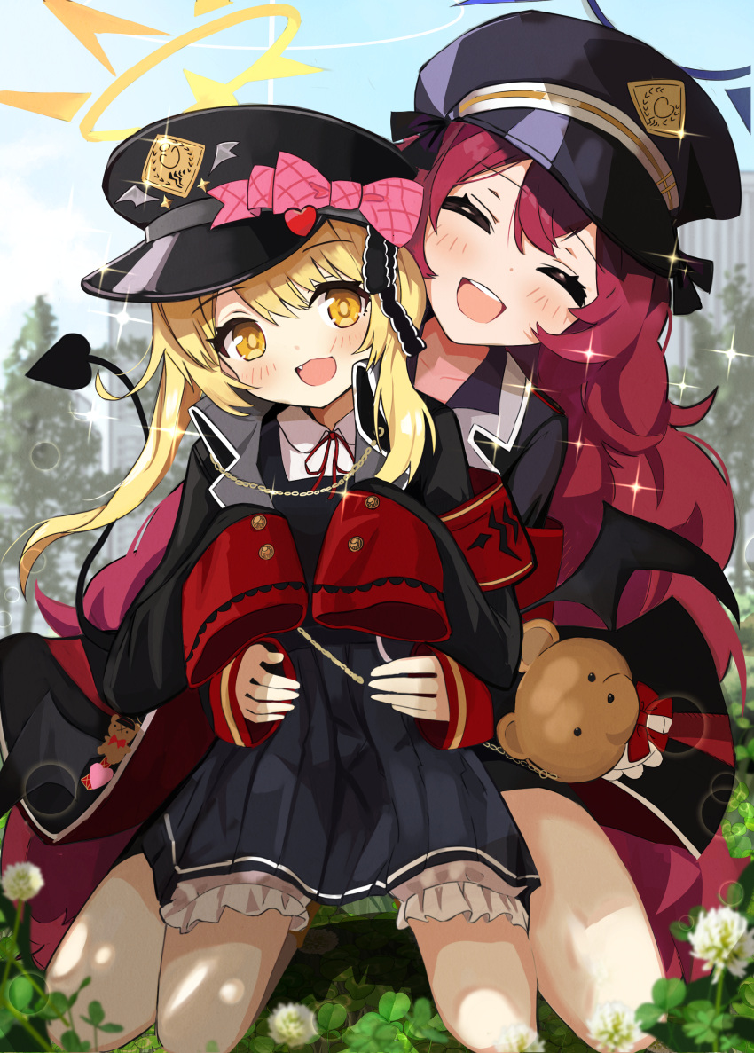 2girls absurdres armband black_coat black_headwear black_tail black_wings blonde_hair blue_archive blush closed_eyes coat day demon_tail demon_wings flower halo hat highres ibuki_(blue_archive) iroha_(blue_archive) long_hair long_sleeves multiple_girls open_mouth outdoors peaked_cap purple_halo red_armband redhead revision sleeves_past_fingers sleeves_past_wrists smile tail thomason366 white_flower wings yellow_eyes yellow_halo
