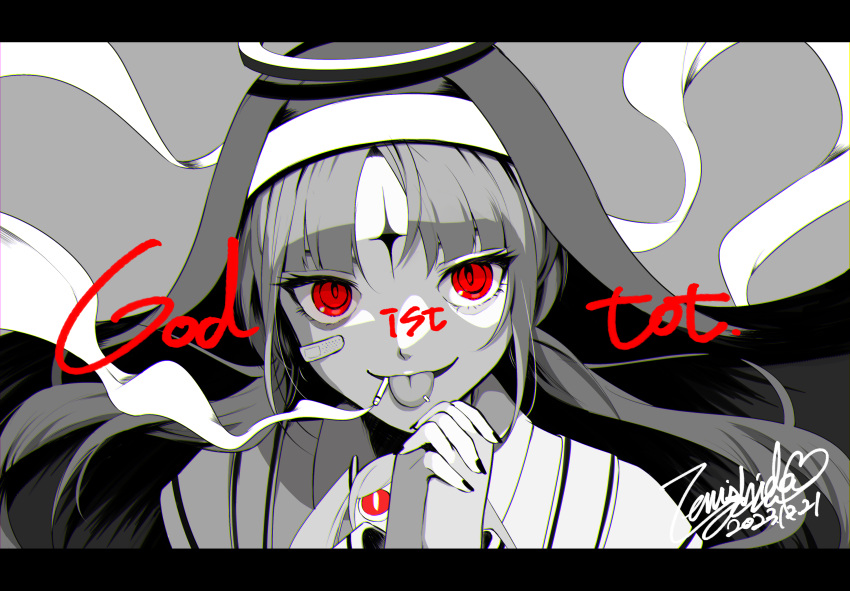 1girl absurdres aimaina artist_name bandaid bandaid_on_face black_border black_nails border cigarette enishidayuu german_text grey_background habit halo highres kamippoina_(vocaloid) long_hair looking_at_viewer monochrome nun original own_hands_together piercing red_eyes signature simple_background smile smoke solo tongue tongue_out tongue_piercing twintails vocaloid