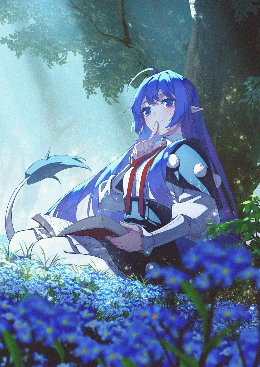 1girl absurdres adapted_costume ahoge black_capelet black_skirt blue_eyes blue_flower blue_hair blush book capelet closed_mouth doremy_sweet finger_to_mouth flower forest highres index_finger_raised jiege juliet_sleeves long_hair long_sleeves nature open_book outdoors pointy_ears pom_pom_(clothes) puffy_sleeves skirt smile solo tail tapir_tail touhou tree