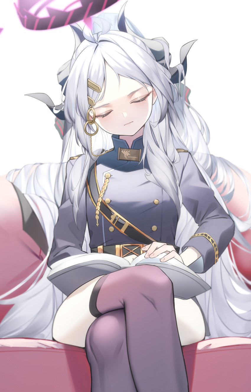 1girl aiguillette belt black_belt black_horns black_thighhighs blue_archive book breasts buttons closed_eyes closed_mouth crossed_legs demon_horns double-breasted feet_out_of_frame grey_hair halo highres hina_(blue_archive) horns long_hair long_sleeves multiple_horns open_book parted_bangs pero_(peroneko0510) small_breasts solo thigh-highs