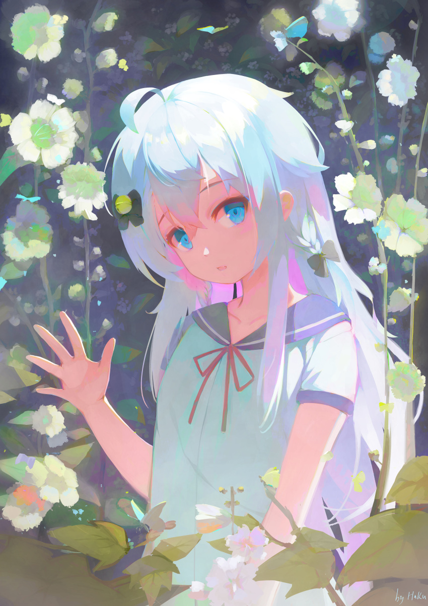 1girl absurdres ahoge bell black_bow blue_butterfly blue_eyes blue_hair blue_sailor_collar bow braid bug butterfly child collarbone commentary_request flower hair_bell hair_between_eyes hair_bow hair_ornament haku89 hand_up highres indie_virtual_youtuber jingle_bell kagura_nana leaf light_blush long_hair looking_at_viewer nature open_mouth red_ribbon ribbon sailor_collar shirt short_sleeves sidelighting sidelocks signature single_braid solo upper_body virtual_youtuber waving white_flower white_shirt