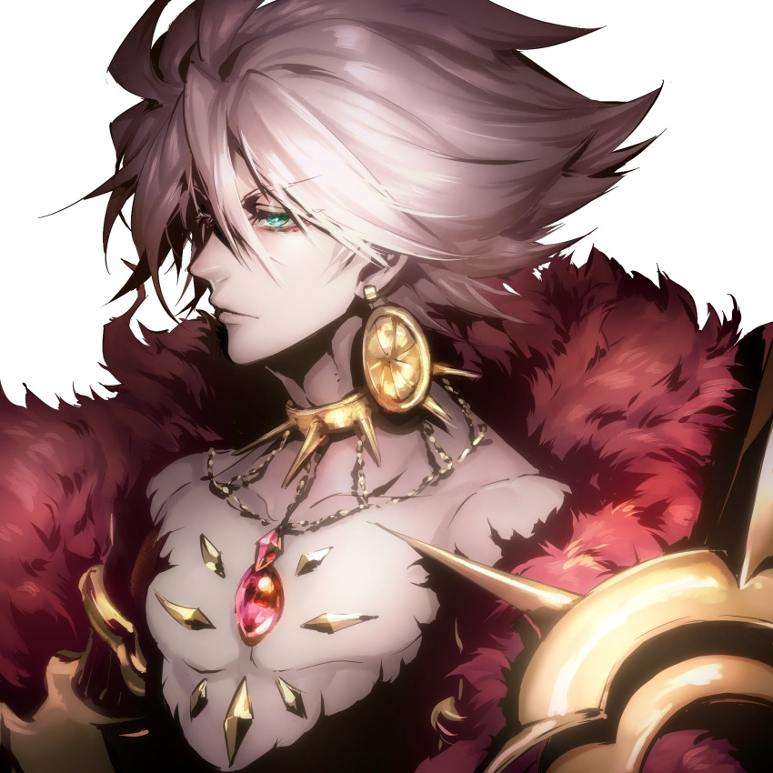 1boy chest_jewel closed_mouth collar fate/apocrypha fate/extra fate/extra_ccc fate/grand_order fate_(series) gem gold_collar gold_necklace green_eyes grey_hair highres jewelry karna_(fate) kin_mokusei male_focus necklace red_gemstone short_hair simple_background solo spiked_collar spikes upper_body white_background