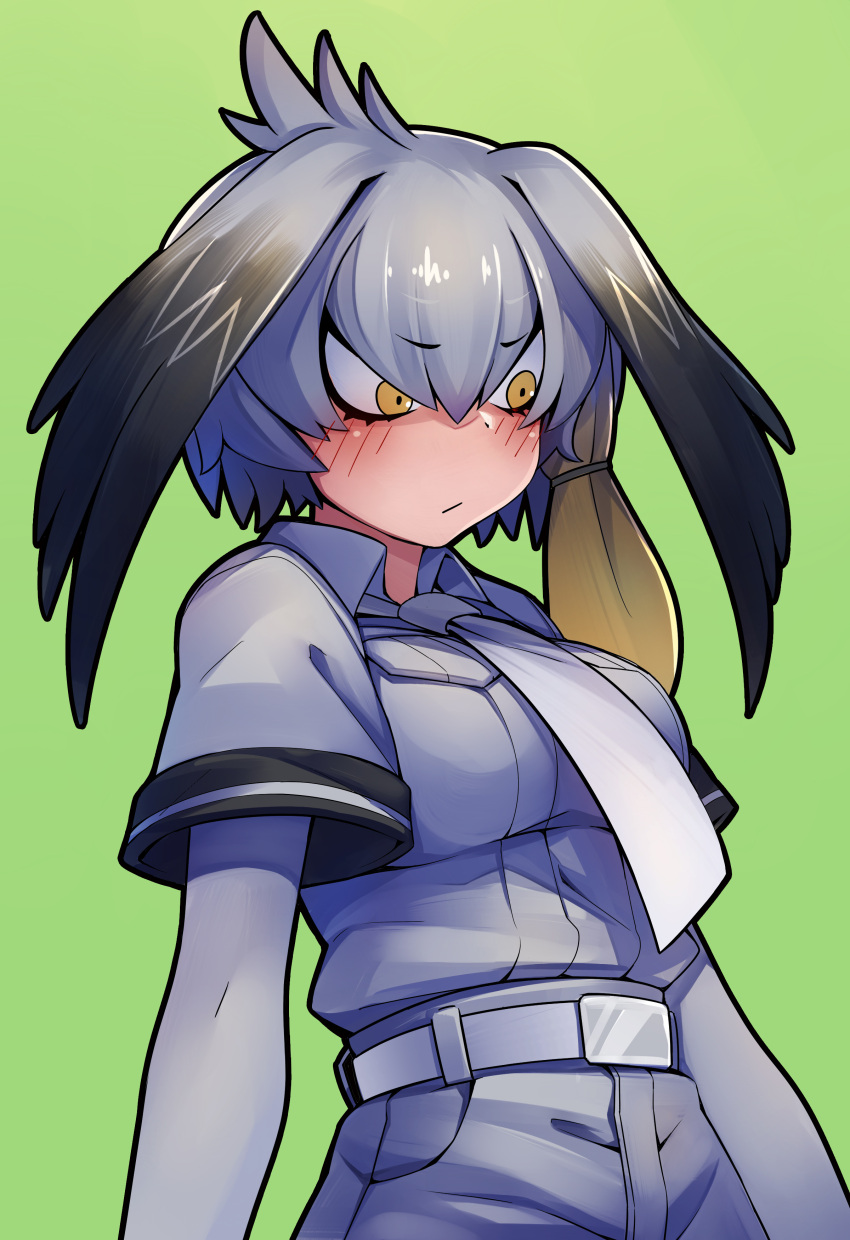 1girl absurdres belt breast_pocket breasts closed_mouth collared_shirt embarrassed eyelashes frown green_background grey_belt grey_necktie grey_pants grey_shirt hair_between_eyes head_wings highres kemono_friends large_breasts looking_to_the_side necktie pants pocket shirt shoebill_(kemono_friends) short_sleeves side_ponytail solo wings yellow_eyes yuuten