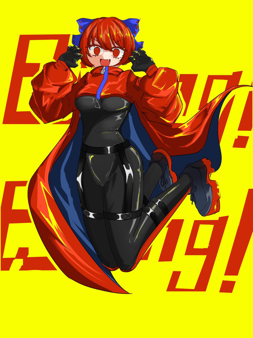 black_bodysuit black_gloves blue_bow bodysuit bow cape gloves hands_up highres jumping red_cape red_eyes redhead rock_'n'_rock_'n'_beat sekibanki text_background touhou yellow_background yudofu33