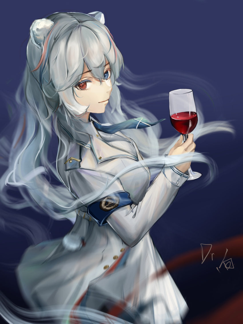 1girl alcohol animal_ears arknights bailingxiao bear_ears blue_eyes blue_hair breasts commentary_request cowboy_shot cup dress drinking_glass highres holding holding_cup looking_at_viewer medium_breasts multicolored_hair pink_hair red_eyes rosa_(arknights) smile solo standing streaked_hair white_dress white_hair wine wine_glass