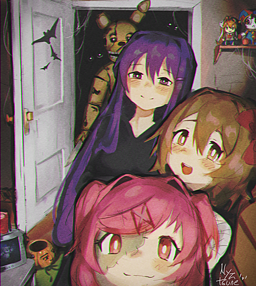 3girls 3others absurdres animal_ears blazer bow brown_eyes brown_hair character_doll doki_doki_literature_club door english_commentary five_nights_at_freddy's glowing glowing_eyes hair_bow halloween highres jacket long_hair monika_(doki_doki_literature_club) multiple_girls multiple_others nyztsune open_mouth pink_hair pomni_(the_amazing_digital_circus) ponytail purple_hair rabbit_ears red_bow school_uniform short_hair silk smile spider_web springtrap television the_amazing_digital_circus vhs_artifacts violet_eyes white_bow zombie_costume