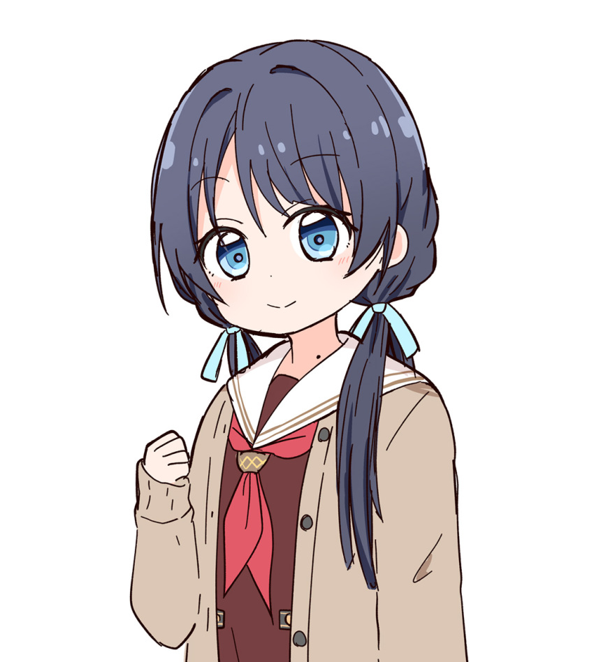 1girl blue_eyes blue_hair blue_ribbon brown_cardigan brown_dress cardigan clenched_hand closed_mouth dress hair_over_shoulder hair_ribbon hasu_no_sora_school_uniform highres link!_like!_love_live! long_hair long_sleeves looking_at_viewer love_live! miyamaki mole mole_on_neck murano_sayaka neckerchief open_cardigan open_clothes red_neckerchief ribbon sailor_collar school_uniform sidelocks solo twintails upper_body white_background white_sailor_collar winter_uniform