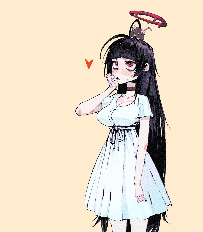 1girl biting black_hair blue_archive blush breasts commission cowboy_shot dress go_d_e halo hand_to_own_mouth heart highres large_breasts long_hair looking_up mouse nail_biting parted_lips red_eyes red_halo simple_background solo standing sundress tsurugi_(blue_archive) very_long_hair waist_ribbon white_dress yellow_background