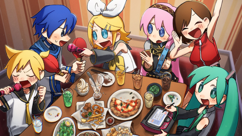 2boys 4girls arm_up black_dress black_eyes black_sailor_collar blonde_hair blue_eyes blue_hair blue_scarf blush bow breasts brother_and_sister brown_hair clenched_hand closed_eyes coat commentary cropped_jacket detached_sleeves dress drink edamame_(food) flipped_hair food french_fries fried_chicken from_above green_eyes green_hair green_necktie hair_bow hair_ornament hairband hairclip hatsune_miku highres holding holding_instrument holding_maracas holding_microphone holding_stylus ice_cream indoors instrument jacket kagamine_len kagamine_rin kaito_(vocaloid) karaoke large_breasts looking_at_another looking_to_the_side maracas megurine_luka meiko_(vocaloid) microphone multiple_boys multiple_girls music nata_shelf neckerchief necktie onion_rings open_mouth pink_hair pizza plate red_jacket sailor_collar scarf shirt short_hair short_ponytail short_sleeves siblings singing sitting sleeveless sleeveless_jacket sleeveless_shirt smile soft_serve standing stylus sweatdrop swept_bangs symbol-only_commentary table tablet_pc tambourine twintails v-shaped_eyebrows vocaloid white_bow white_coat white_shirt yellow_neckerchief yellow_necktie