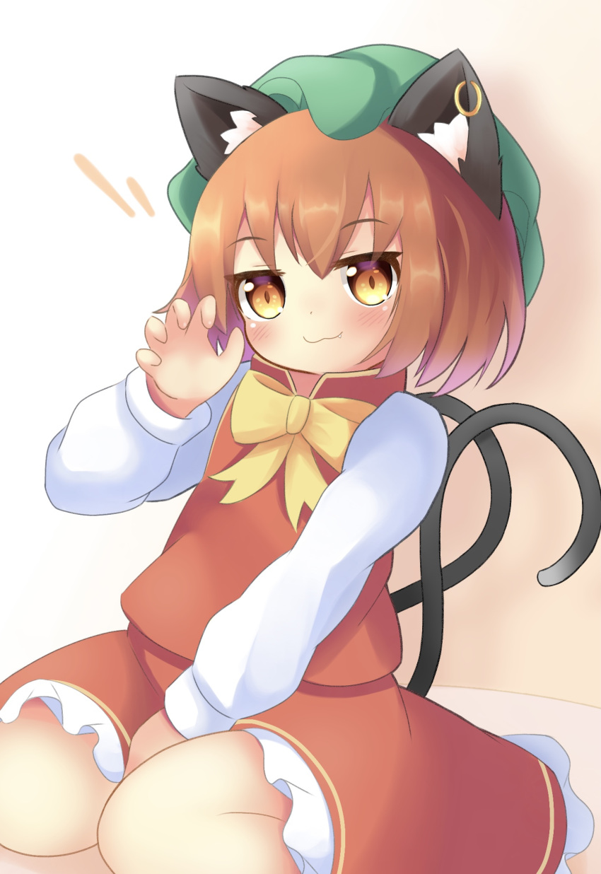 1girl :3 animal_ear_fluff animal_ear_piercing animal_ears between_legs blush bow bowtie brown_eyes brown_hair cat_ears cat_tail chen claw_pose closed_mouth commentary_request earrings fang fang_out flat_chest frills green_headwear hand_between_legs hand_up hat highres jewelry koruk700 long_sleeves looking_at_viewer mob_cap multiple_tails nekomata petticoat pink_background puffy_long_sleeves puffy_sleeves red_skirt red_vest short_hair simple_background single_earring sitting skirt skirt_set solo tail touhou two_tails vest wariza white_background yellow_bow yellow_bowtie