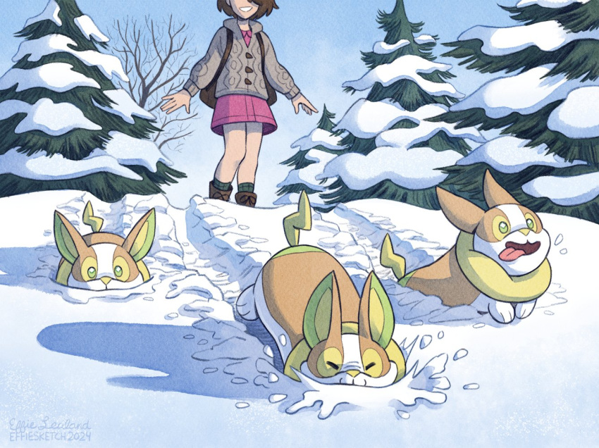 1girl 2024 3others artist_name bare_legs dated day effie_lealand english_commentary green_eyes grey_sweater multiple_others outdoors pine_tree pink_skirt pointy_ears pokemon pokemon_(creature) shadow skirt smile snow sweater tongue tongue_out tree winter yamper