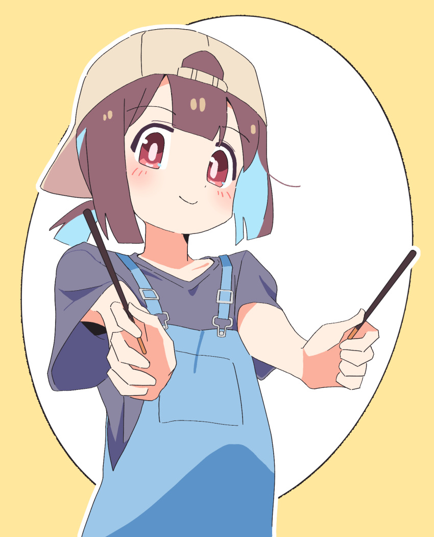 1girl androgynous backwards_hat baseball_cap black_shorts blue_hair blue_overalls blunt_bangs blunt_ends brown_eyes brown_hair commentary dot_nose food foreshortening hat highres holding holding_food holding_pocky hozuki_momiji light_blush looking_at_viewer multicolored_hair noyama_takenoko onii-chan_wa_oshimai! outline overalls pocky short_hair short_ponytail short_sleeves shorts simple_background smile solo two-tone_hair white_outline yellow_background