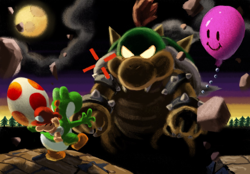 3boys aiming armlet baby baby_bowser baby_mario balloon blank_eyes bracelet brown_hair cabbie_hat clouds colored_sclera colored_skin covering_head dusk egg faux_traditional_media floating_rock gameplay_mechanics giant giant_monster glowing glowing_eyes green_skin hat highres holding holding_egg jewelry moon multiple_boys no_pupils orange_headwear pine_tree red_headwear riding rubble spiked_armlet spiked_bracelet spiked_shell spikes standing standing_on_one_leg super_mario_bros. super_mario_world_2:_yoshi's_island tree ya_mari_6363 yellow_sclera yoshi