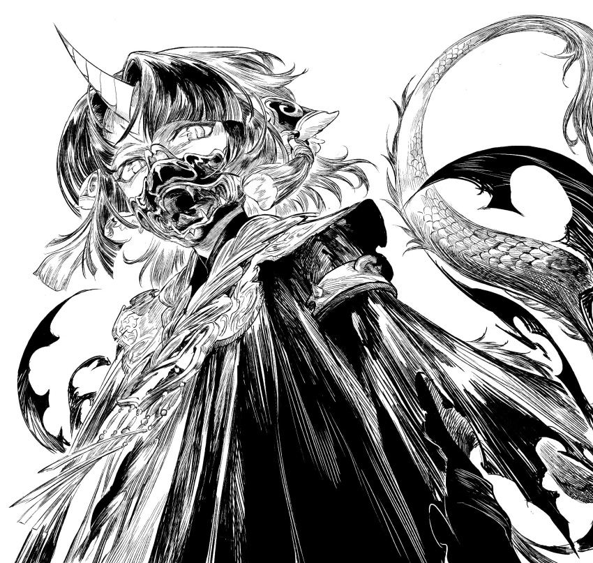 1boy animal_ears armlet cloak covered_mouth dragon dragon_boy dragon_tail dutch_angle earrings eastern_dragon facial_mark fangs floating_hair forehead_mark from_below fur-tipped_tail greyscale highres horns jewelry long_sleeves looking_at_viewer mask monochrome mouth_mask necklace nianshoufa open_mouth original short_hair simple_background single_horn slit_pupils solo tail tassel tassel_earrings tongue torn_clothes upper_body