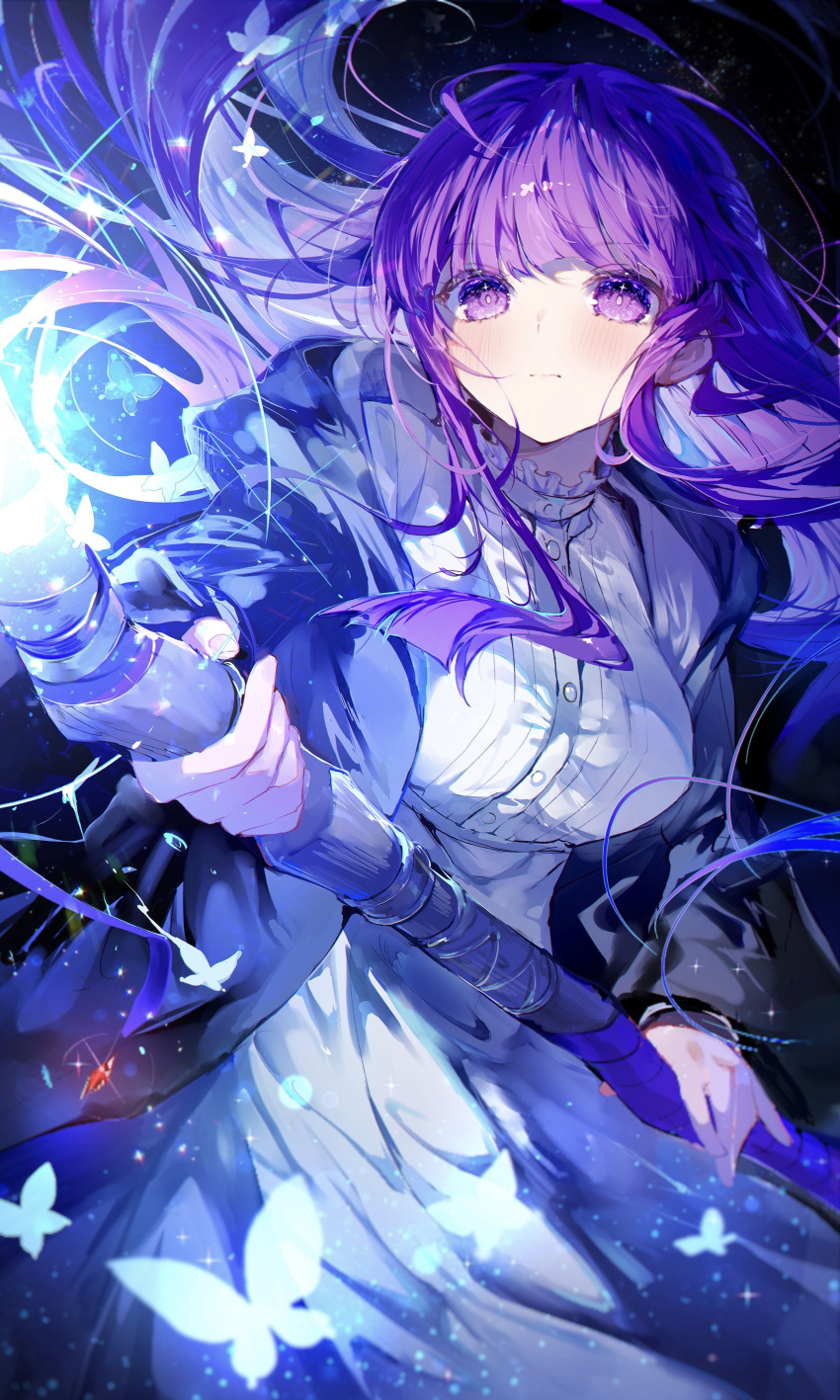 1girl absurdres black_background blue_butterfly breasts bug butterfly closed_mouth fern_(sousou_no_frieren) highres holding holding_weapon large_breasts long_hair magical_girl noyu_(noyu23386566) purple_hair sousou_no_frieren straight_hair violet_eyes wand weapon