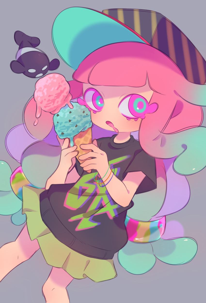 1girl :o absurdres aqua_eyes aqua_hair baseball_cap black_headwear black_shirt blunt_bangs blush bracelet colored_eyelashes commentary drooling english_commentary eyelashes fafameow fish food gradient_hair green_skirt grey_background hands_up harmony's_clownfish_(splatoon) harmony_(splatoon) hat highres holding holding_food holding_ice_cream ice_cream ice_cream_cone jewelry long_hair looking_at_viewer low-tied_long_hair low_twintails multicolored_hair open_mouth pink_eyes pink_hair pleated_skirt print_shirt purple_hair shirt short_sleeves sidelocks simple_background skirt solo splatoon_(series) splatoon_3 striped_clothes striped_headwear t-shirt tentacle_hair twintails yellow_headwear