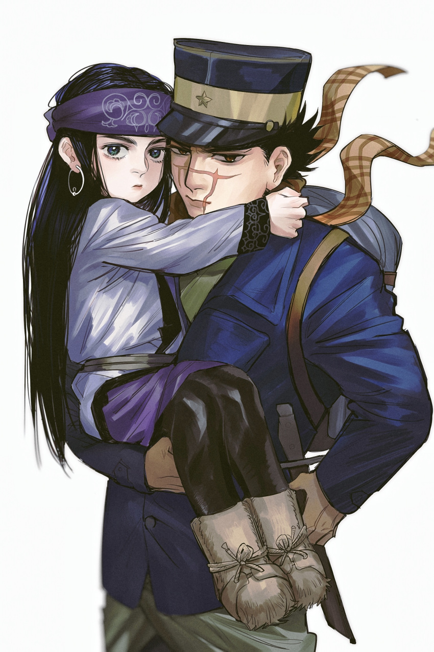 1boy 1girl absurdres ainu ainu_clothes asirpa backpack bag black_hair black_pantyhose blue_eyes blue_jacket boots carrying child child_carry closed_mouth earrings floating_scarf fur_boots golden_kamuy hat headband highres hoop_earrings jacket jewelry long_hair long_sleeves looking_at_viewer pantyhose peaked_cap plaid plaid_scarf scar scar_on_cheek scar_on_face scar_on_mouth scar_on_nose scarf short_hair short_sword simple_background songyeerhu sugimoto_saichi sword weapon white_background