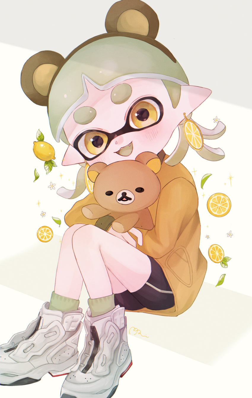 1girl absurdres bike_shorts commentary earrings fang food fruit full_body green_hair green_socks high_tops highres holding holding_stuffed_toy inkling inkling_girl jewelry lemon medium_hair mori_(spmoiy) open_mouth pointy_ears shoes simple_background smile sneakers socks solo splatoon_(series) splatoon_3 stuffed_animal stuffed_toy teddy_bear tentacle_hair thick_eyebrows white_background white_footwear yellow_eyes