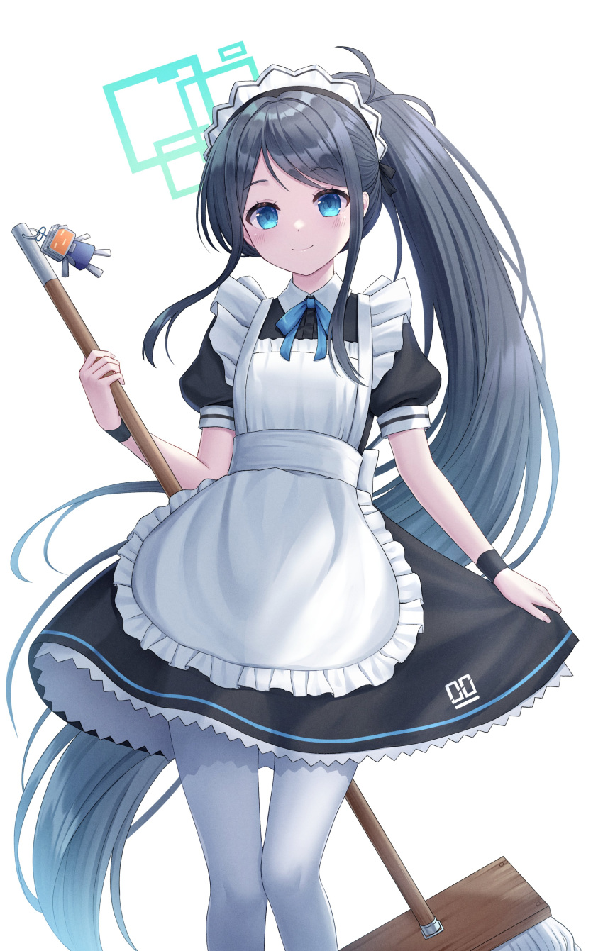 1girl absurdres apron aris_(blue_archive) aris_(maid)_(blue_archive) back_bow black_dress black_hair blue_archive blue_bow blue_bowtie blue_eyes bow bowtie broom closed_mouth dress frilled_apron frills halo highres holding holding_broom long_hair looking_at_viewer maid_apron maid_headdress official_alternate_costume pantyhose ponytail seungju_lee short_sleeves simple_background smile solo very_long_hair white_apron white_bow white_pantyhose