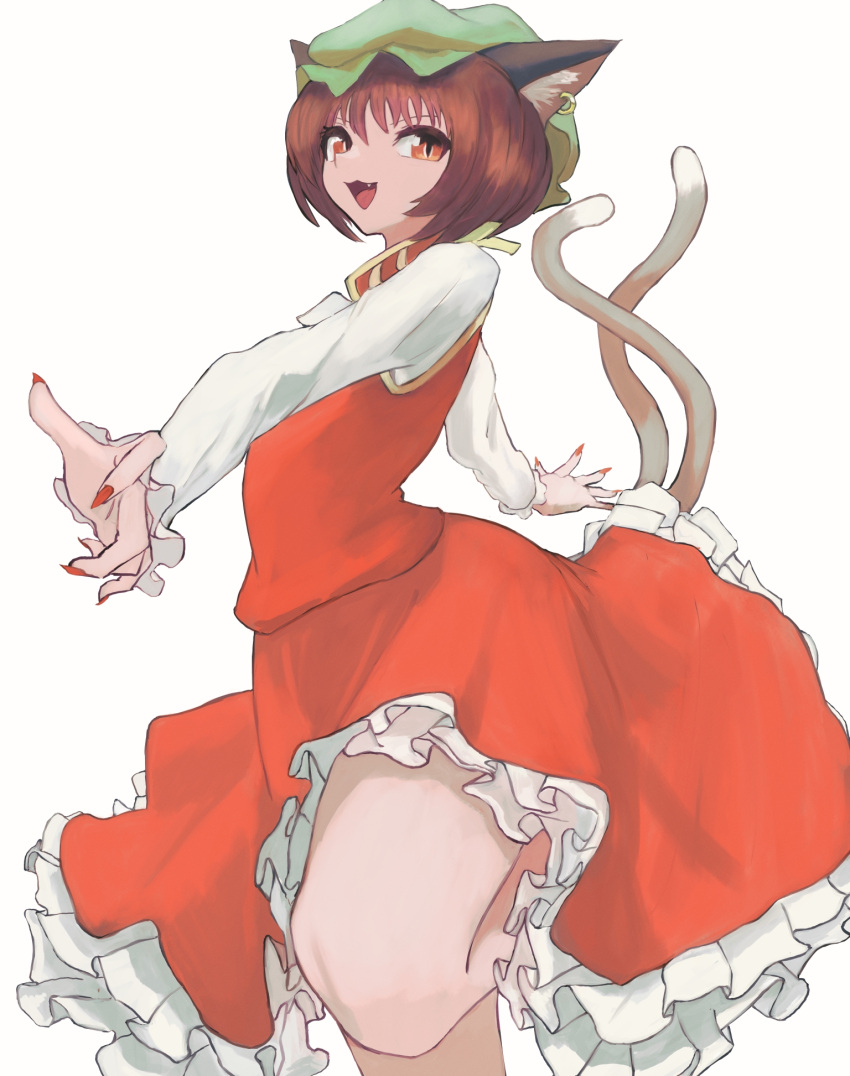 1girl :3 :d animal_ear_fluff animal_ear_piercing animal_ears brown_eyes brown_hair cat_ears cat_tail chen commentary_request earrings fang fingernails foot_out_of_frame frills from_side green_headwear hat highres jewelry knees long_sleeves looking_at_viewer mizuki_0630 mob_cap multiple_tails nail_polish nekomata open_mouth outstretched_arms petticoat red_nails red_skirt red_vest sharp_fingernails short_hair simple_background single_earring skirt skirt_set slit_pupils smile solo standing standing_on_one_leg tail touhou two_tails vest white_background