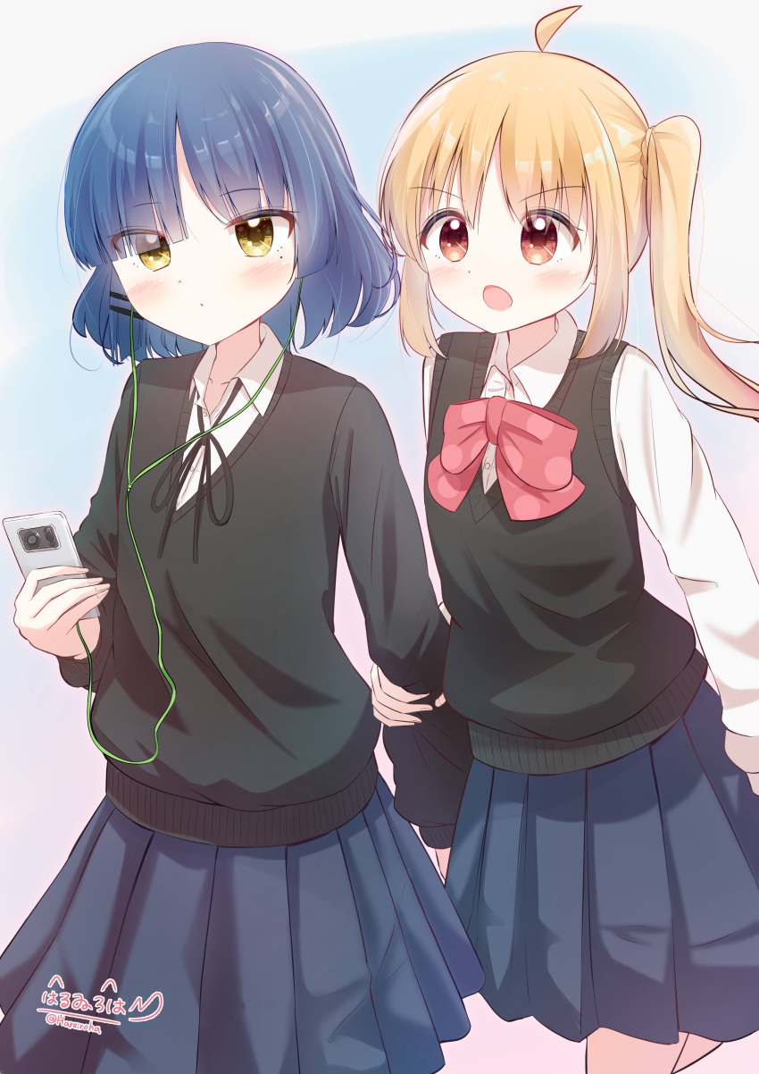 2girls absurdres ahoge artist_name black_sweater blonde_hair blue_hair blunt_bangs bocchi_the_rock! bow bowtie breasts brown_eyes cellphone closed_mouth collared_shirt haruiroha highres holding holding_another's_arm ijichi_nijika long_hair looking_at_another medium_hair multiple_girls neck_ribbon open_mouth phone pleated_skirt red_bow ribbon school_uniform scrunchie shirt side_ponytail sidelocks signature simple_background skirt sleeves_past_wrists small_breasts smartphone sweater sweater_vest walking yamada_ryo yellow_eyes