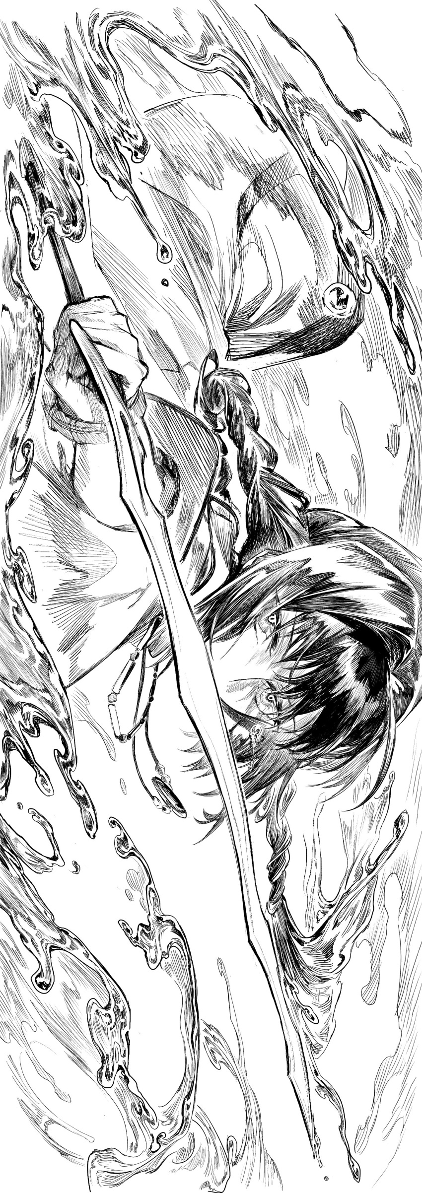 1boy absurdres aiming aiming_at_viewer bracelet braid covered_mouth fate/samurai_remnant fate_(series) floating_hair greyscale highres holding holding_sword holding_weapon incoming_attack jewelry long_sleeves looking_at_viewer male_focus monochrome necklace nianshoufa outstretched_arm pendant sideways single_braid solo sword upper_body water weapon wide_sleeves yamato_takeru_(fate)