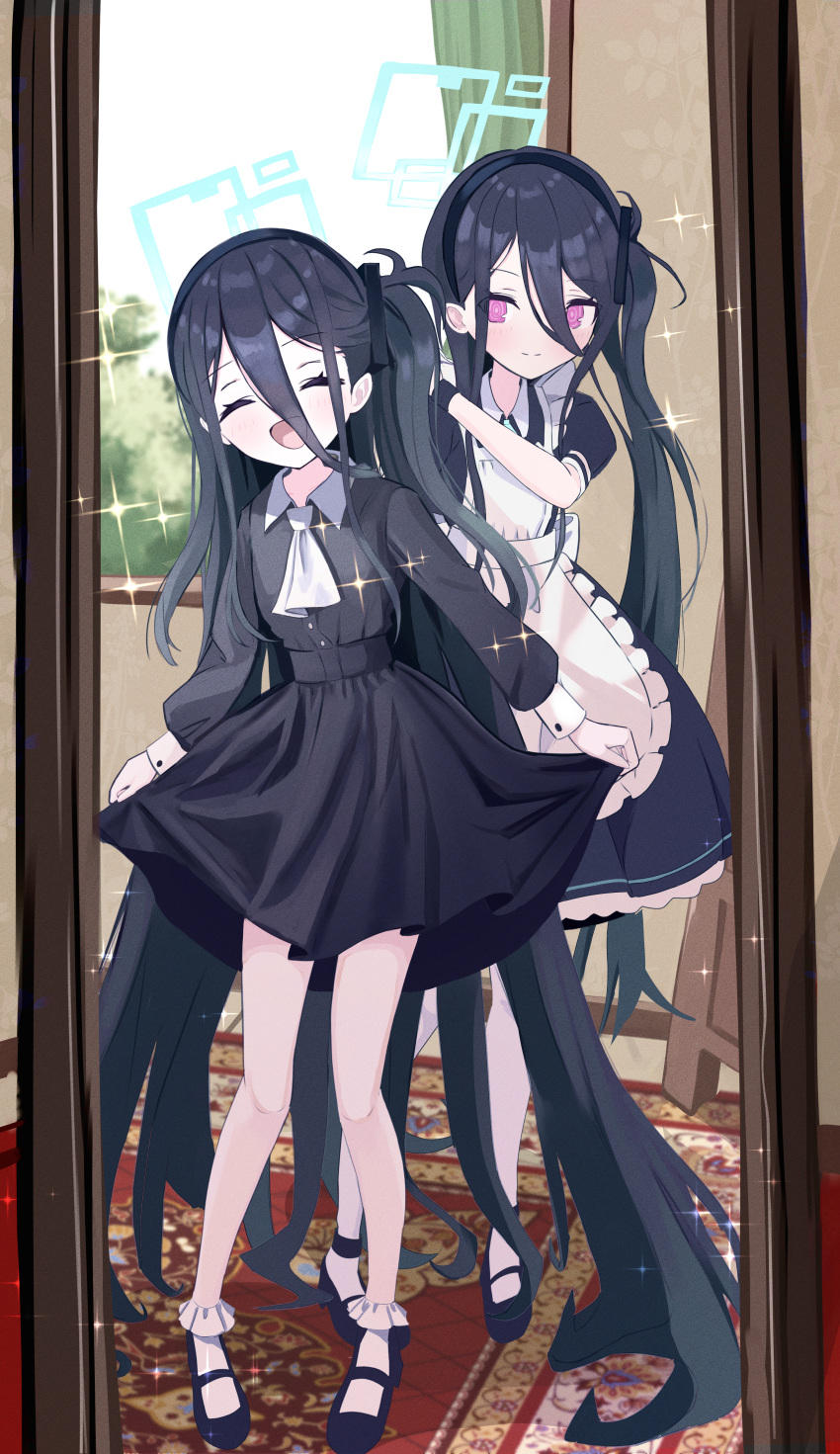 &lt;key&gt;_(blue_archive) 2girls absurdly_long_hair absurdres apron aris_(blue_archive) ascot black_dress black_footwear black_hair blue_archive blush dress frilled_apron frills green_halo halo highres long_hair long_sleeves maid_apron multiple_girls one_side_up pantyhose shoes short_sleeves socks thomason366 very_long_hair white_apron white_ascot white_pantyhose white_socks