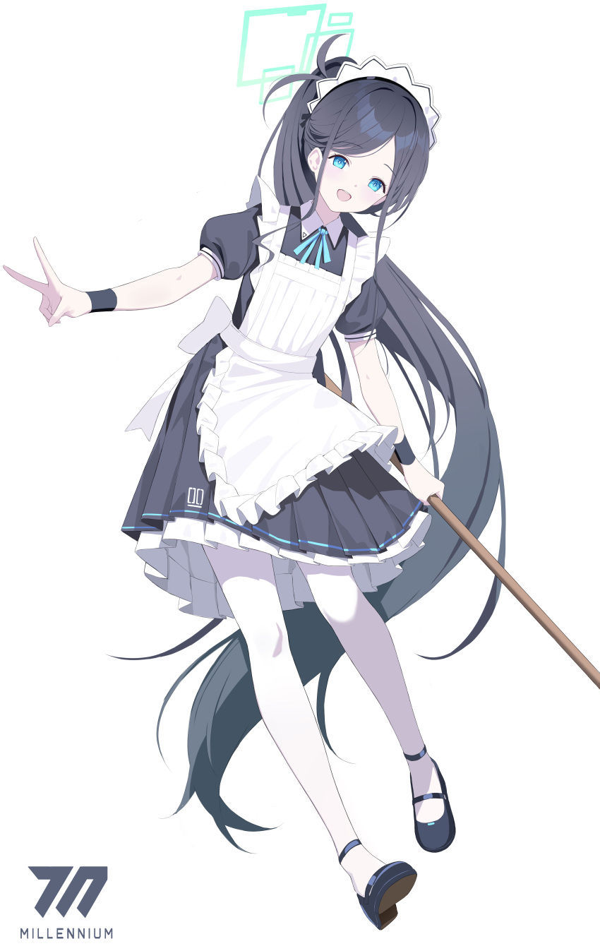 1girl absurdly_long_hair absurdres apron aris_(blue_archive) aris_(maid)_(blue_archive) black_dress black_footwear black_hair blue_archive blue_eyes blush dress frilled_apron frilled_dress frills full_body green_halo halo highres kuyoumi long_hair looking_at_viewer maid maid_apron maid_headdress official_alternate_costume open_mouth pantyhose ponytail puffy_short_sleeves puffy_sleeves shoes short_sleeves simple_background smile solo v very_long_hair white_apron white_background white_pantyhose
