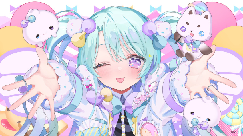 1girl ;p aqua_hair asa_going blush bow commentary_request hair_bobbles hair_bow hair_ornament highres jewelry long_hair long_sleeves looking_at_viewer luminous_sweet one_eye_closed reaching reaching_towards_viewer ring smile solo straight-on tongue tongue_out twintails upper_body vee_(vtuber) violet_eyes virtual_youtuber