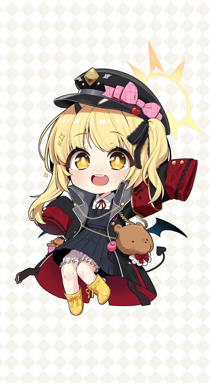 1girl b.t._(boob_tong) black_coat black_dress black_headwear black_horns black_tail black_wings blonde_hair bloomers blue_archive blush boots coat collared_shirt demon_horns demon_tail demon_wings dress full_body halo hat highres horns ibuki_(blue_archive) long_hair looking_at_viewer open_clothes open_coat open_mouth peaked_cap pinafore_dress pleated_dress shirt side_ponytail sleeveless sleeveless_dress sleeves_past_fingers sleeves_past_wrists smile solo tail teeth upper_teeth_only white_bloomers white_shirt wings yellow_eyes yellow_footwear yellow_halo