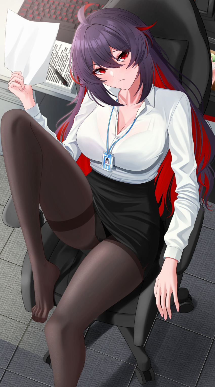 1girl absurdres ahoge aircell black_hair black_skirt breasts chair feet highres holding holding_paper honkai_(series) honkai_impact_3rd large_breasts looking_at_viewer multicolored_hair office_chair office_lady open_clothes pantyhose paper pen red_eyes redhead see-through seele_(alter_ego) seele_vollerei shirt skirt solo swivel_chair two-tone_hair wheelchair white_shirt