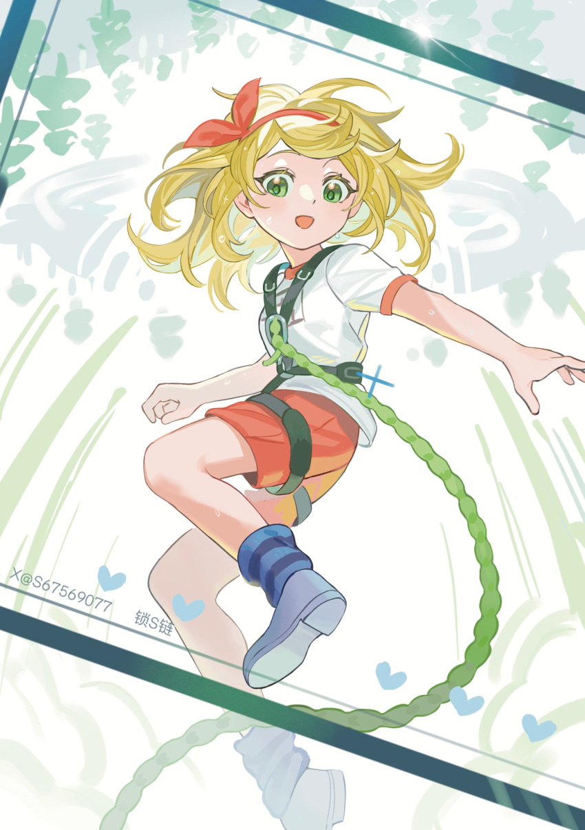 1girl blonde_hair breasts bungee_jumping chest_harness commentary green_eyes gym_uniform hair_ribbon hairband harness heart highres idolmaster idolmaster_cinderella_girls idolmaster_cinderella_girls_u149 jumping looking_at_viewer medium_hair midair open_mouth red_hairband red_ribbon red_shorts ribbon s67569077 sakurai_momoka shirt short_sleeves shorts sidelocks small_breasts smile solo symbol-only_commentary t-shirt white_background white_footwear white_shirt