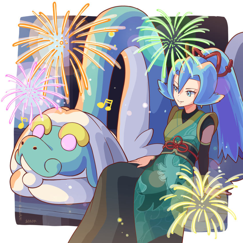 1girl arm_support arutarika_(ri_kaoekaki) bench blue_hair clair_(new_year's_2024)_(pokemon) clair_(pokemon) commentary_request drampa earrings eyelashes fireworks hair_between_eyes hair_ornament highres japanese_clothes jewelry kimono long_hair musical_note official_alternate_costume parted_lips pokemon pokemon_(creature) pokemon_masters_ex ponytail sash sitting smile