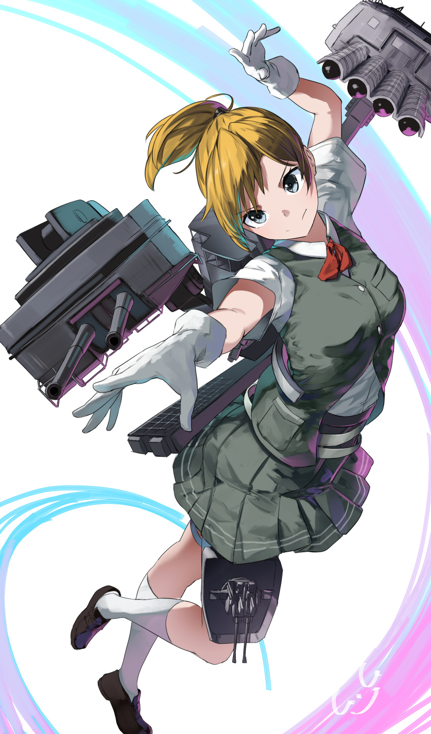 1girl absurdres anti-aircraft anti-aircraft_gun asymmetrical_hair black_vest blonde_hair blush breasts brown_footwear cannon dancing dated flipped_hair full_body gegeron gloves grey_eyes grey_vest highres kantai_collection kerchief machinery maikaze_(kancolle) neck_ribbon pleated_skirt ponytail ribbon rigging school_uniform shirt short_hair short_ponytail short_sleeves signature skirt small_breasts smile smokestack solo torpedo_launcher torpedo_tubes turret vest white_background white_gloves