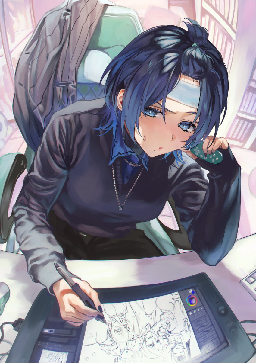 1girl androgynous blue_eyes blue_hair blue_shirt breasts chain_necklace chair collared_shirt drawing drawing_tablet grey_jacket grey_suit highres hiodoshi_ao holding holding_stylus hololive jacket jewelry mole mole_under_mouth monitor nail_polish necklace otsudou pinstripe_jacket pinstripe_pattern reverse_trap shirt short_hair solo striped_clothes striped_jacket striped_suit stylus suit swivel_chair tomboy vertical-striped_clothes vertical-striped_jacket virtual_youtuber