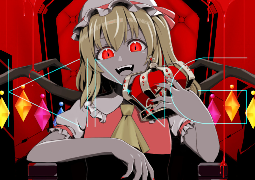 1girl ascot breasts commentary_request crown fangs fingernails flandre_scarlet frilled_shirt_collar frilled_sleeves frills hat hat_ribbon head_tilt highres holding holding_crown king_(vocaloid) medium_hair minarin-rinsuki mob_cap multicolored_wings nail_polish one_side_up open_mouth puffy_short_sleeves puffy_sleeves red_background red_eyes red_nails red_ribbon red_theme red_vest ribbon sharp_fingernails shirt short_sleeves sitting sleeve_ribbon small_breasts solo teeth throne touhou upper_body upper_teeth_only vest white_headwear white_shirt wings yellow_ascot
