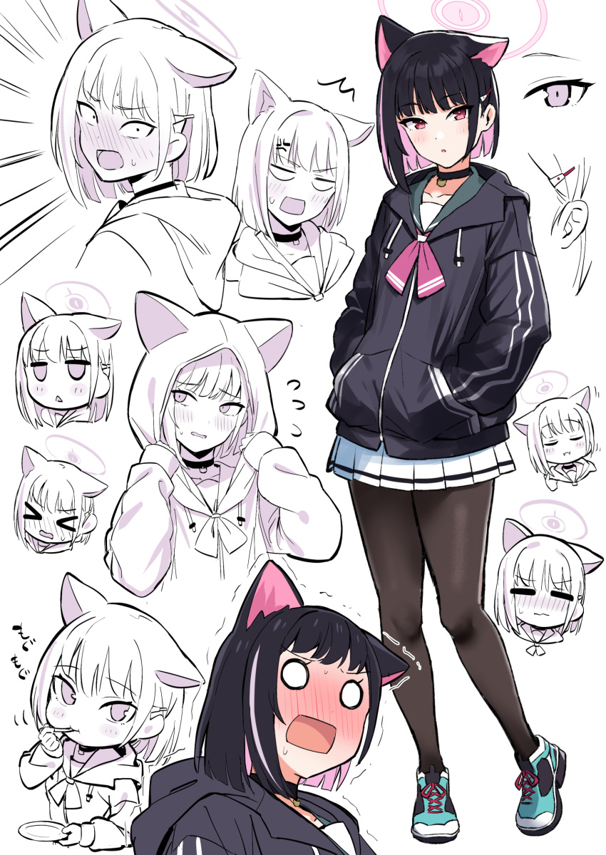 &gt;_&lt; 1girl absurdres anger_vein animal_ears black_choker black_hair black_hoodie black_pantyhose blue_archive blush cat_ears choker colored_inner_hair commentary eating expressions halo hands_in_pockets highres hood hood_up hoodie kazusa_(blue_archive) multicolored_hair pantyhose pink_eyes pink_hair pink_halo pink_sailor_collar pleated_skirt sailor_collar shoes skirt sneakers totoki86