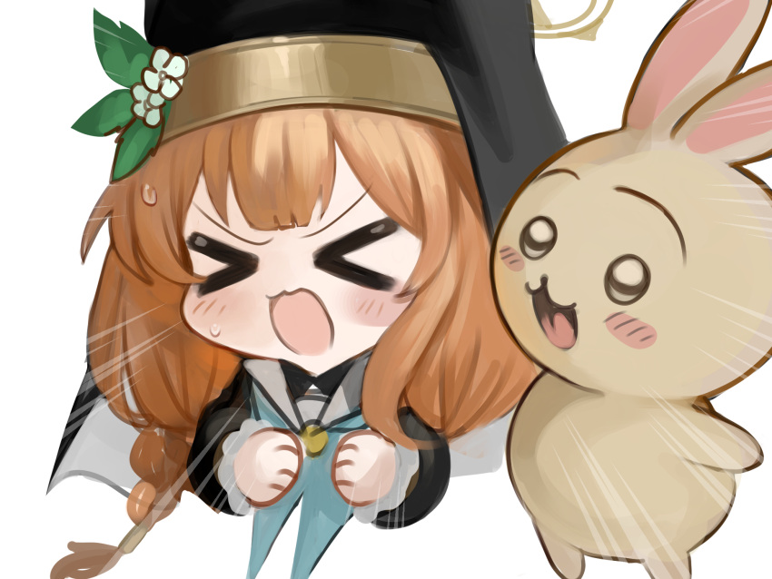&gt;_&lt; 1girl :d animal black_dress blue_archive blush_stickers braid brown_hair chibi chiikawa clenched_hands closed_eyes cropped_torso crossover dokomon dress emphasis_lines facing_viewer habit halo highres long_hair long_sleeves mari_(blue_archive) puffy_long_sleeves puffy_sleeves rabbit simple_background sleeves_past_wrists smile sweat upper_body usagi_(chiikawa) veil wavy_mouth white_background