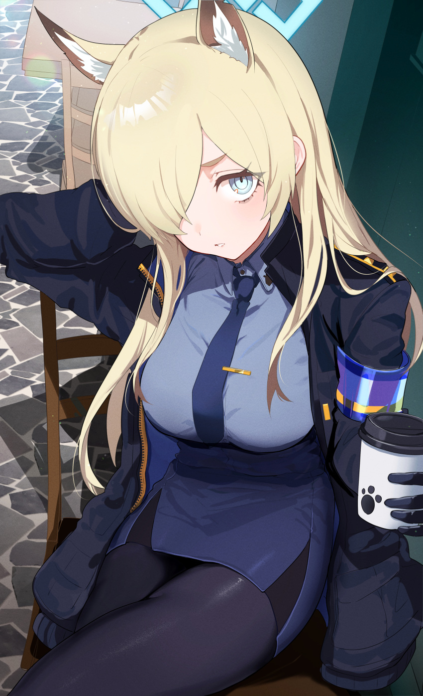 1girl absurdres animal_ear_fluff animal_ears black_jacket black_pantyhose blonde_hair blue_archive blue_eyes blue_halo blue_necktie blue_shirt blue_skirt breasts chair collared_shirt hair_over_one_eye halo highres jacket kanna_(blue_archive) large_breasts long_hair long_sleeves looking_at_viewer maria_(syake-uni) necktie open_clothes open_jacket pantyhose parted_lips shirt sitting skirt solo