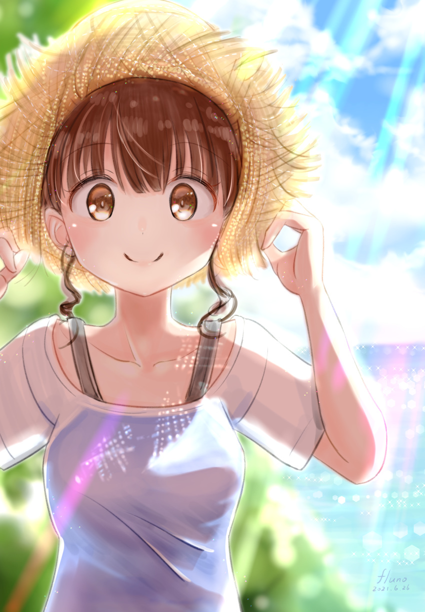 1girl absurdres artist_name blush brown_eyes brown_hair dated day fluno hand_up hands_on_headwear hands_up hat highres looking_at_viewer original outdoors short_hair_with_long_locks straw_hat sunlight upper_body water