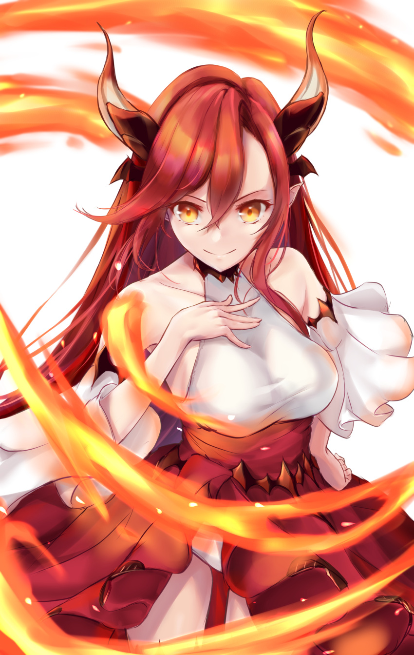 1girl absurdres breasts closed_mouth detached_sleeves dragon_horns dress eyebrows_hidden_by_hair fire hair_between_eyes hand_on_own_chest highres horns large_breasts leotard long_hair orange_eyes red_dress redhead smile soanote solo tania_(beast_tamer) upper_body very_long_hair white_leotard yuusha_party_wo_tsuihou_sareta_beast_tamer_saikyoushu_no_nekomimi_shoujo_to_deau