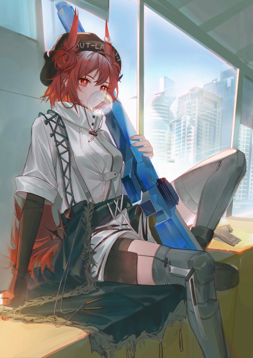 1girl absurdres arknights black_headwear breasts bright_pupils bubble_blowing chinese_commentary commentary_request fiammetta_(arknights) foot_out_of_frame high_collar highres holding layered_sleeves long_sleeves luren_max pointy_hair red_eyes redhead shirt short_hair short_over_long_sleeves short_sleeves sitting small_breasts solo thigh-highs white_pupils white_shirt