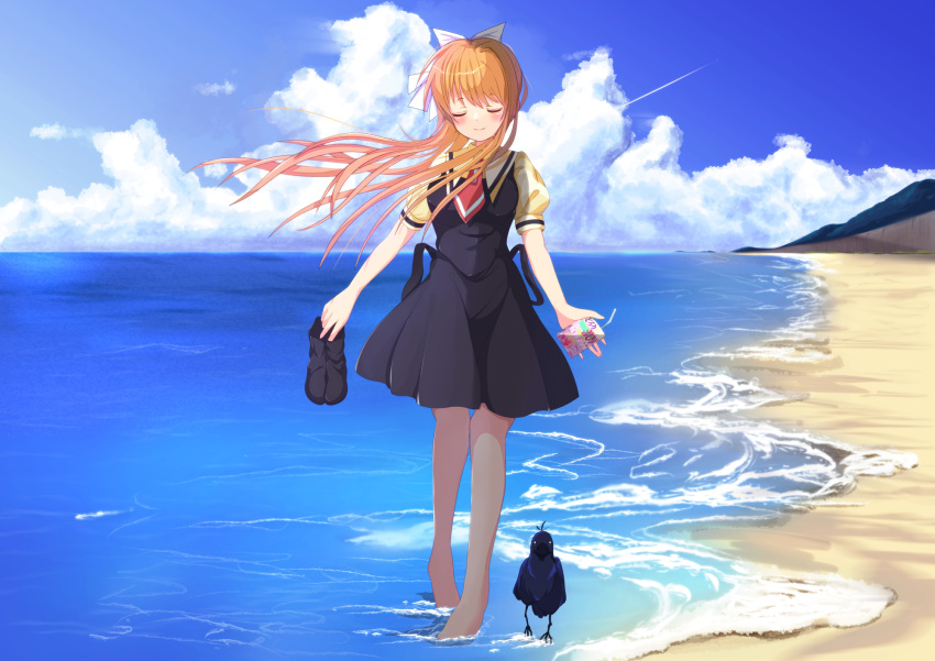 1girl air_(visual_novel) aosakana_com arms_at_sides barefoot beach bird black_dress blonde_hair blue_sky blush bow closed_eyes closed_mouth clouds commentary_request day dress facing_viewer floating_hair full_body hair_between_eyes hair_bow highres holding_carton kamio_misuzu long_hair necktie ocean outdoors puffy_short_sleeves puffy_sleeves red_necktie school_uniform shirt shoes short_dress short_necktie short_sleeves sidelocks sky smile soaking_feet solo sora_(air) standing unworn_shoes white_bow wind yellow_shirt