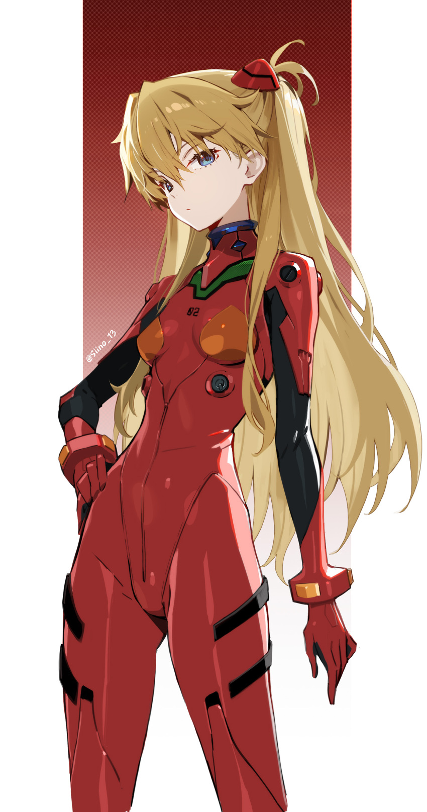 1girl absurdres blue_eyes bodysuit brown_hair hair_ornament hairpods hand_on_own_hip highres interface_headset long_hair neon_genesis_evangelion pilot_suit plugsuit red_bodysuit siino simple_background skin_tight solo souryuu_asuka_langley