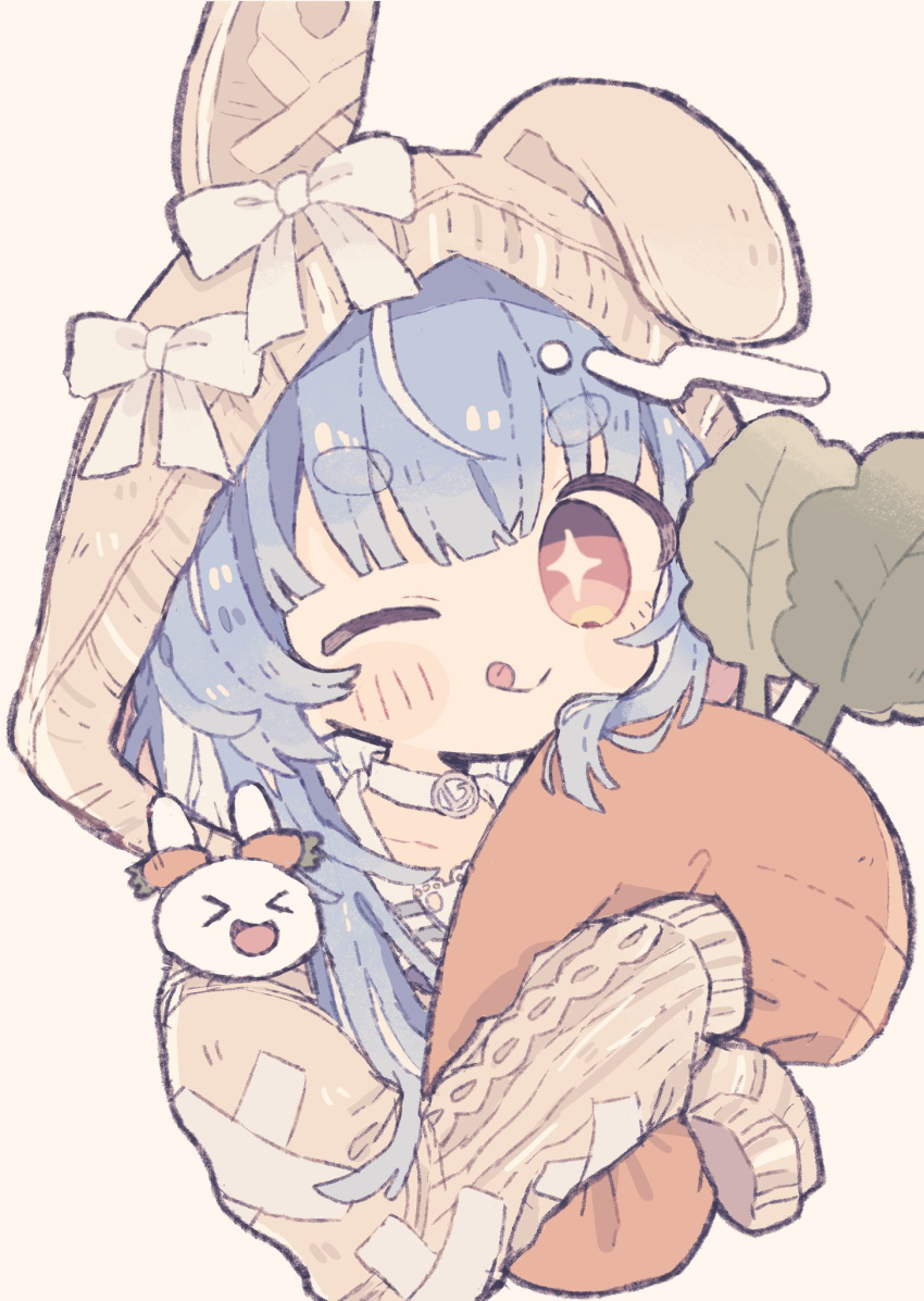 &gt;_&lt; +_+ 1girl alternate_hairstyle blue_hair blush brown_background carrot carrot-shaped_pillow carrot_hair_ornament commentary cropped_torso food-themed_hair_ornament hair_ornament highres holding holding_pillow hololive hood hooded_sweater kanato345 knit_sweater light_blue_hair long_hair looking_at_viewer one_eye_closed pillow red_eyes simple_background sleeves_past_fingers sleeves_past_wrists solo sweater thick_eyebrows usada_pekora virtual_youtuber