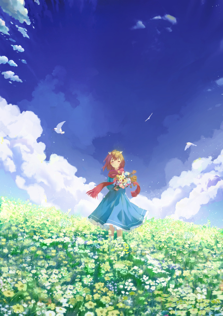 1girl ^_^ absurdres ahoge antlers bird blue_dress blue_flower blue_sky blush bouquet brown_hair closed_eyes closed_mouth clouds commentary cumulonimbus_cloud day deer_antlers deer_girl dress facing_viewer flower frilled_dress frills fringe_trim garden grass hair_between_eyes haku89 happy highres holding holding_bouquet horns indie_utaite kano_(utaite) long_sleeves medium_hair nature outdoors red_scarf scarf scenery signature sky smile solo standing virtual_youtuber white_bird white_flower wide_shot yellow_flower
