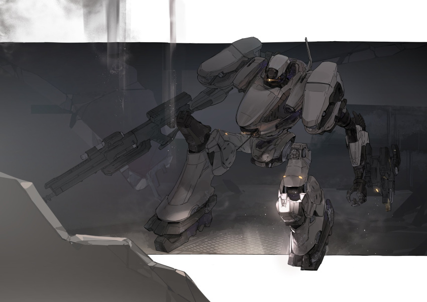 armored_core armored_core_6 assault_rifle full_body gun highres holding holding_gun holding_weapon loader_4 mecha mecha_focus no_humans one-eyed rifle riio robot rubble science_fiction standing weapon yellow_eyes
